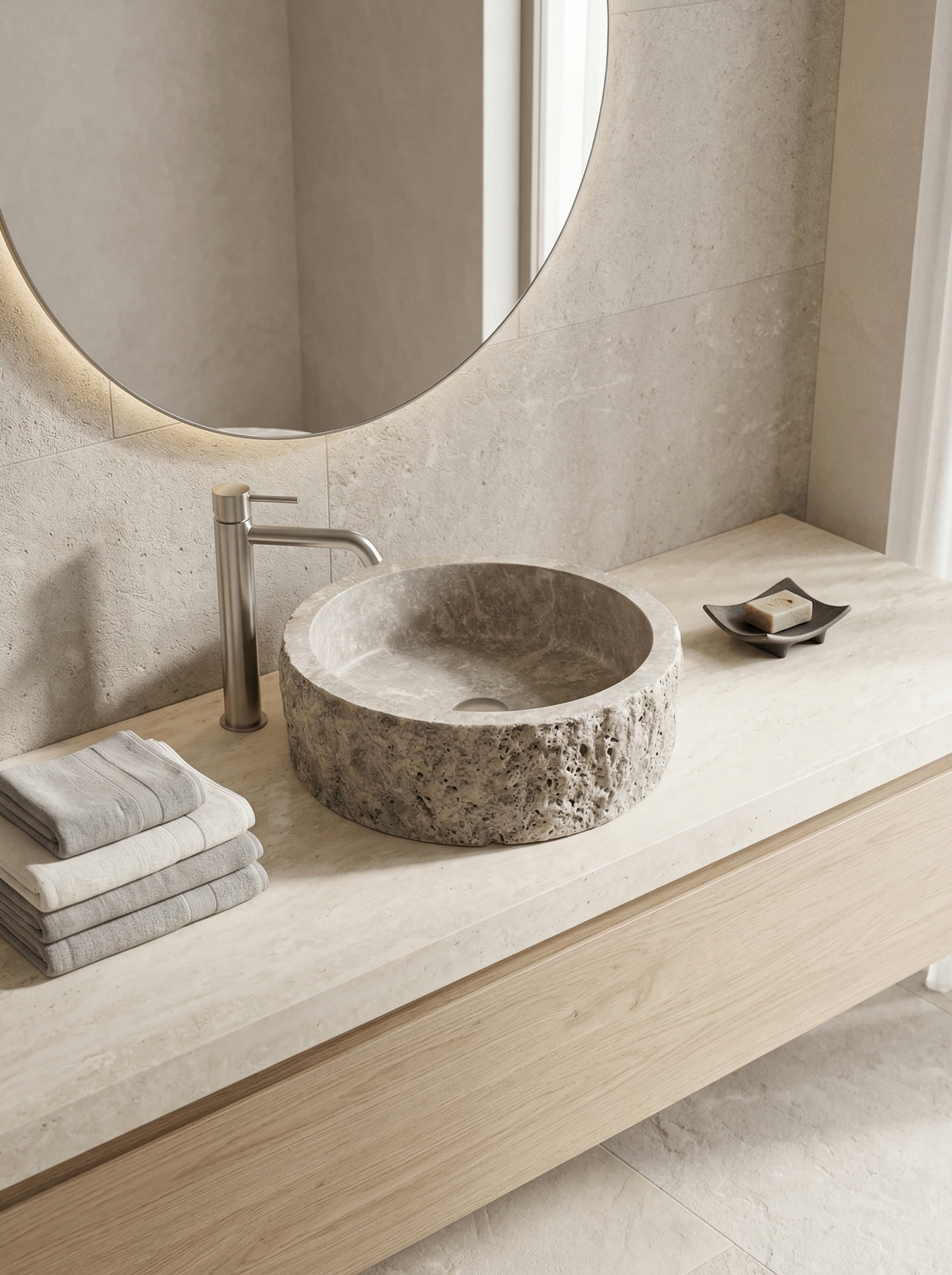 Rustic Round Silver Travertine Sink