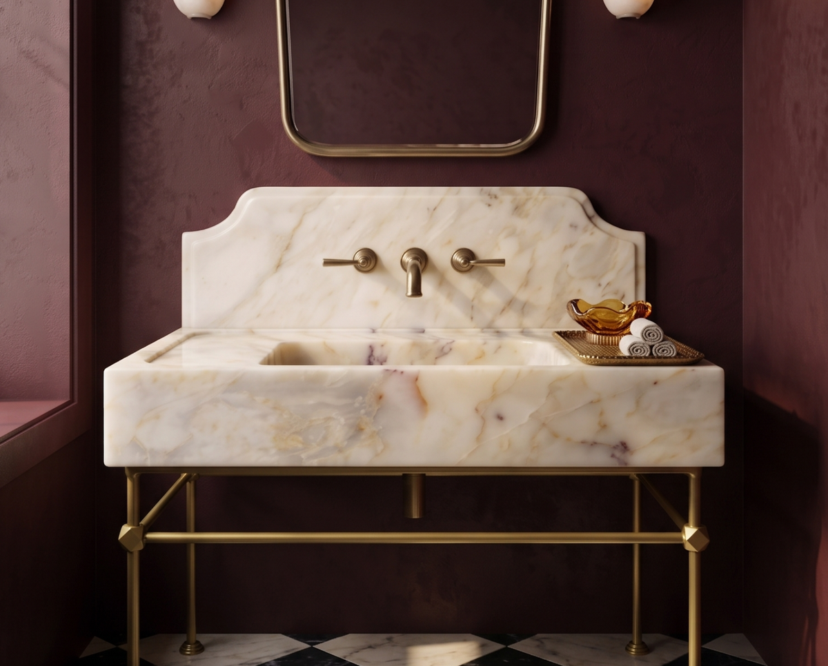 Calacatta Gold Marble Sink with Backsplash, Custom Wall-Mounted Bathroom Basin