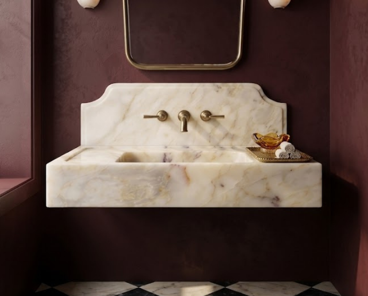 Calacatta Gold Marble Sink with Backsplash, Custom Wall-Mounted Bathroom Basin