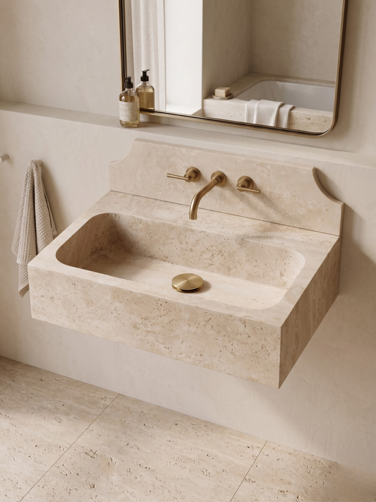 Wall-Mounted Travertine Sink with Backsplash