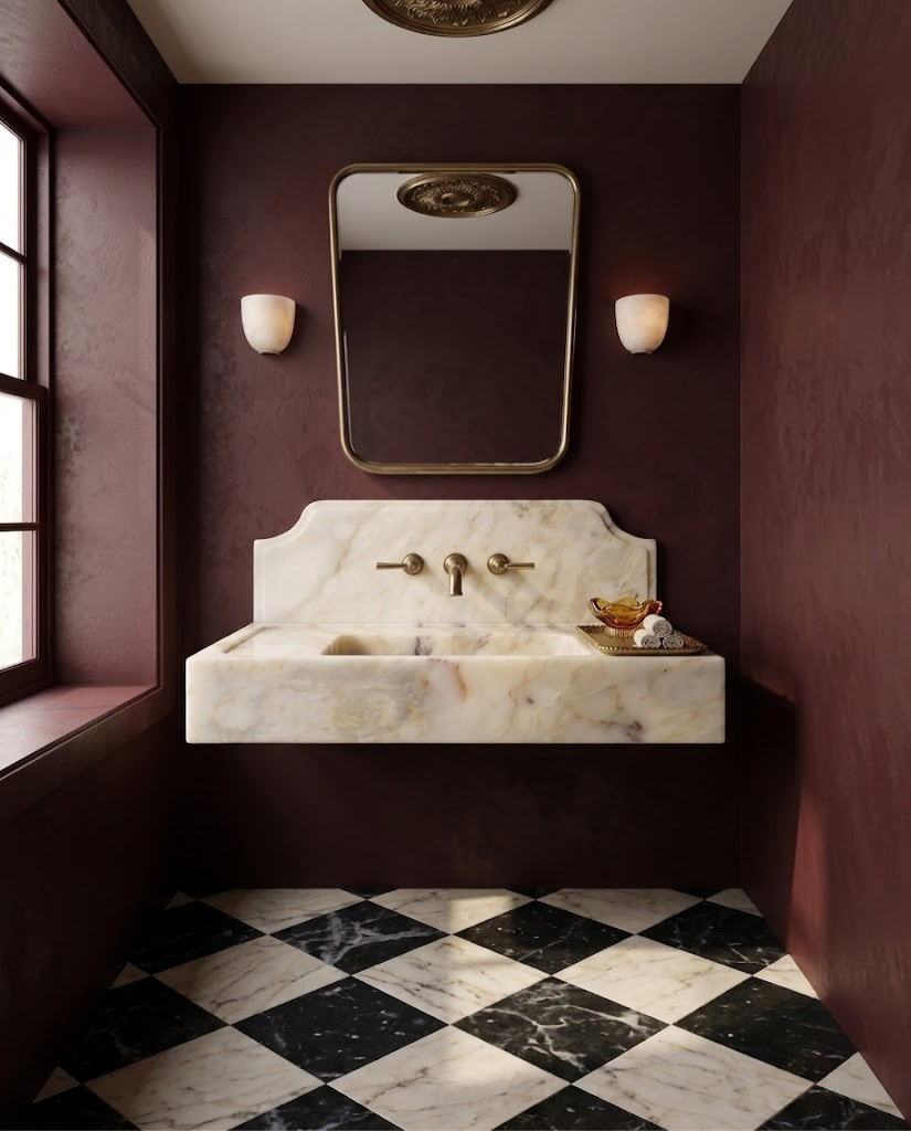 Calacatta Gold Marble Sink with Backsplash, Custom Wall-Mounted Bathroom Basin