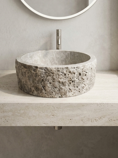 Rustic Round Silver Travertine Sink