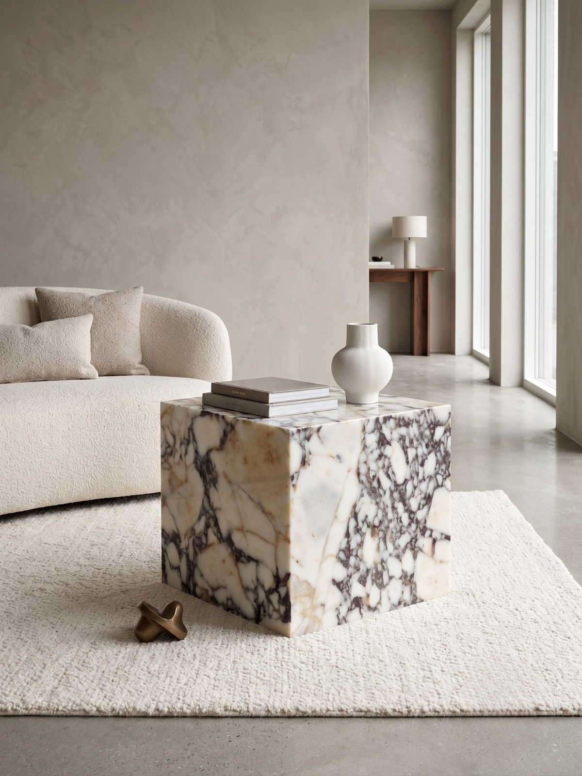 Calacatta Marble Cube Side Table, Handmade Natural Stone Plinth End Table, Custom Size
