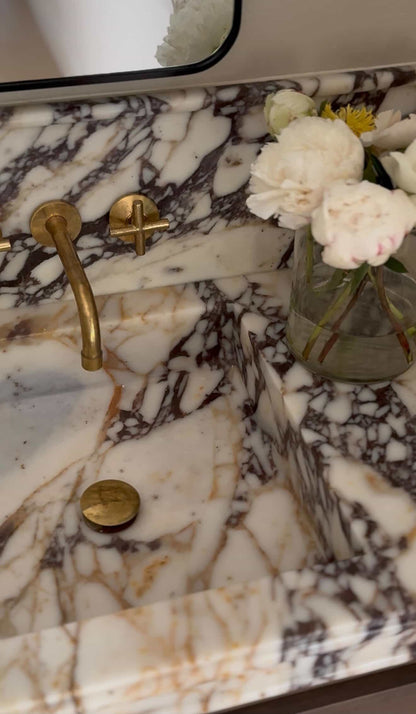 Calacatta Viola Marble Vanity Top Sink with Backsplash, Handmade Natural Stone Bathroom Sink, Custom Countertop Basin