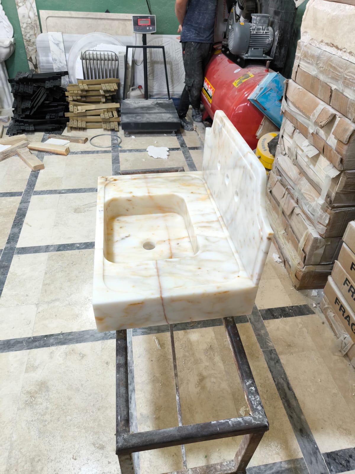 Calacatta Gold Marble Wall-Mounted Sink with Backsplash