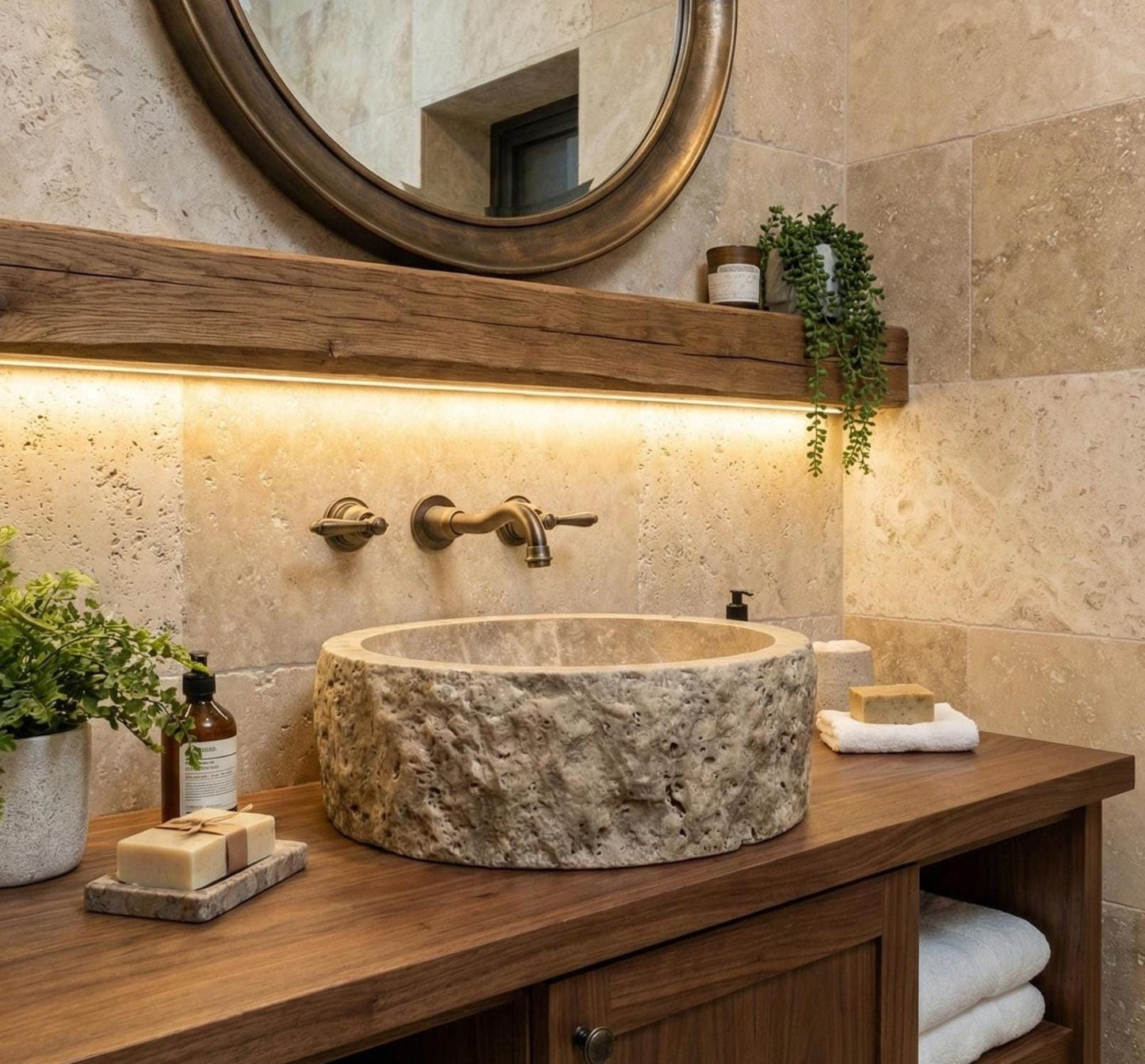 Rustic Round Silver Travertine Sink